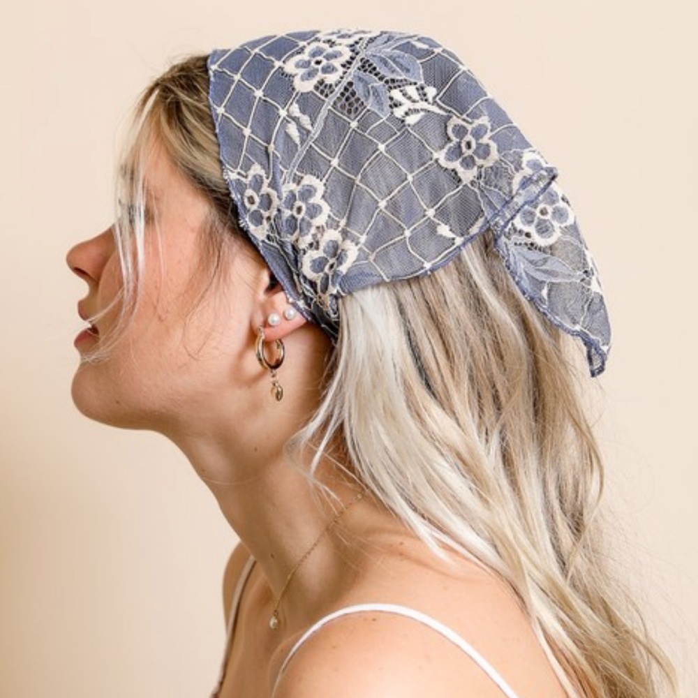 BOHEMIAN DUSTY BLUE FLORAL LACE FASHION HEADSCARF - Picture 2 of 3